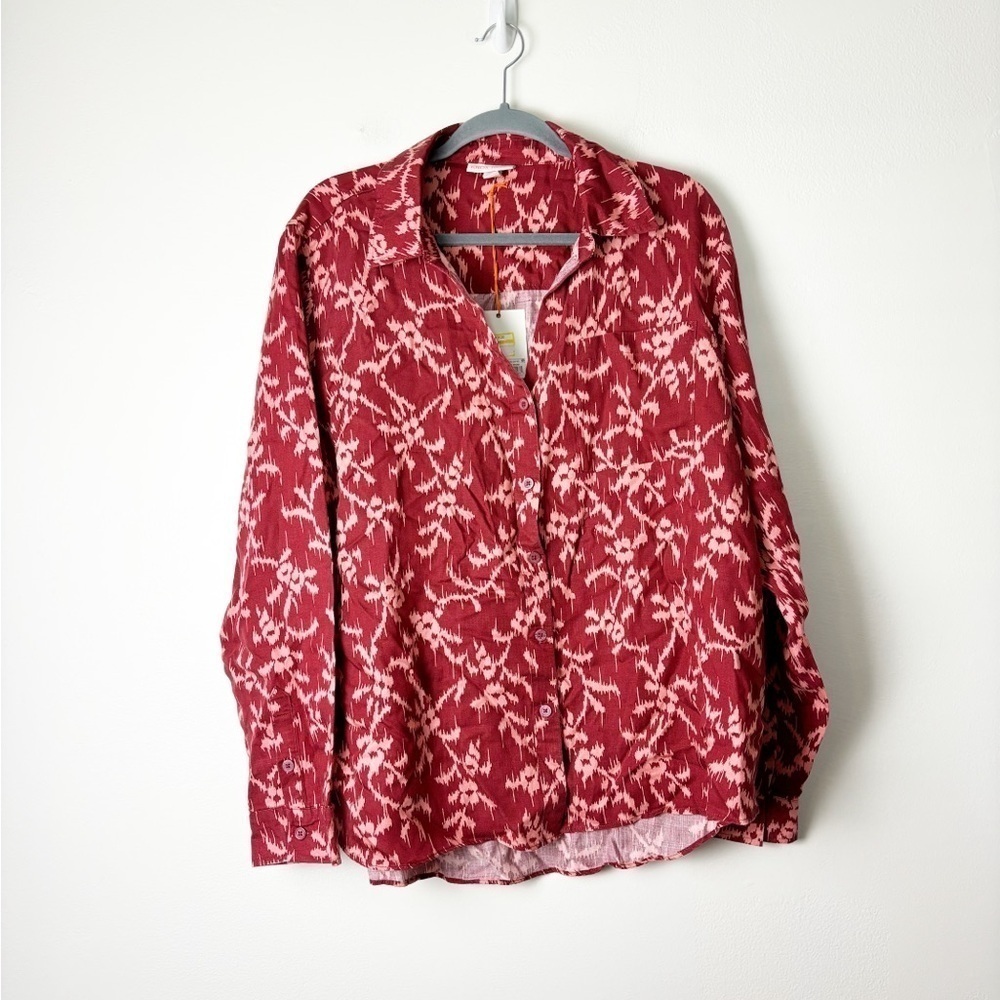 KNOX ROSE •NEW Women’s Deep Hibiscus Printed Hawaiian Boho Button Down Top Sz XL